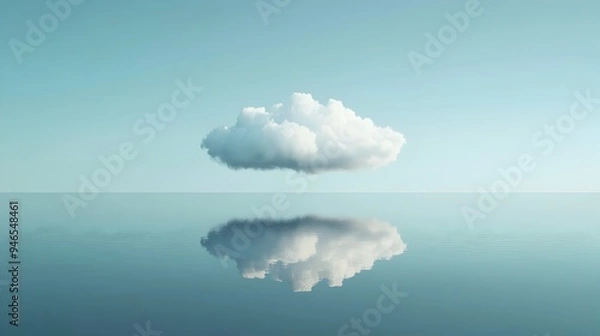 Fototapeta A conceptual image showcasing the serene reflection of a hovering cloud above a tranquil mirrored surface creating a sense of duality balance and the boundless nature of our world