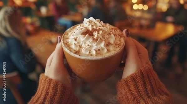 Obraz Close-up of hands holding a mug of whipped cream-topped hot drink, cozy café ambiance with warm lighting