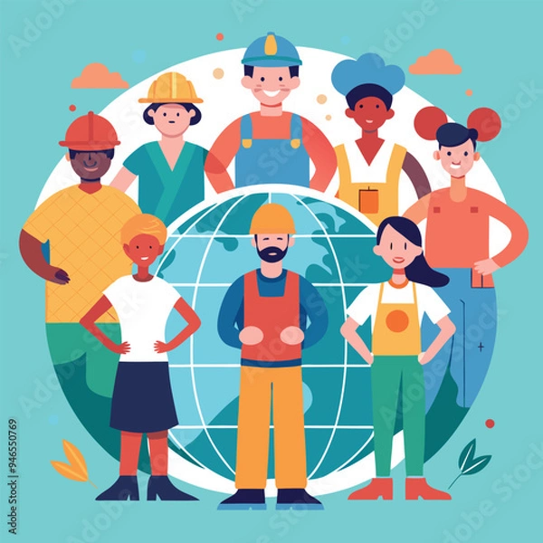 Obraz Adobe IllA vibrant flat design illustration celebrating Labor Day with a diverse group of workers and tool sustrator Artwork