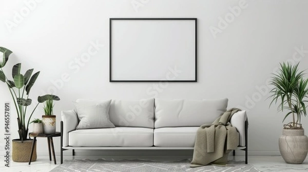 Fototapeta A minimalist living room featuring a white sofa, plants, and a blank wall for decoration.
