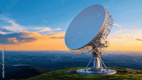 Fototapeta Satellite dish on top of a mountain at sunset.
