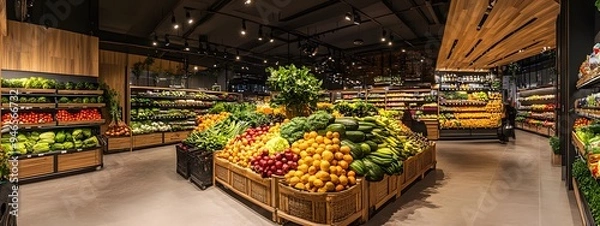Fototapeta Fruit and vegetable display in organic grocery store with wooden boxes of fresh produce, fruit trees, greenery, interior design of modern grocery shop, architecture photography, warm lighting