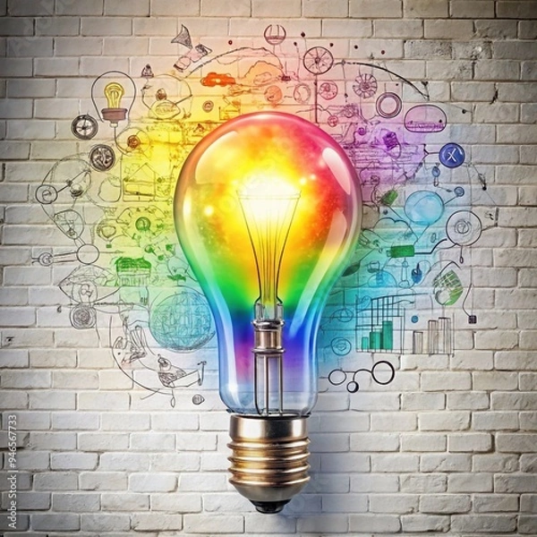 Fototapeta A light bulb with a rainbow-colored exterior is illuminated, symbolizing creativity, innovation, and new ideas. It is set against a white brick wall with various hand-drawn sketches of ideas and