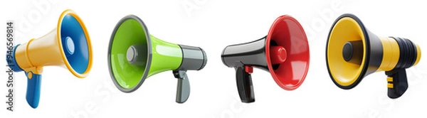 Obraz Colorful 3D Megaphone Icons on Transparent Background PNG