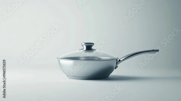 Fototapeta A modern saut pan with a glass lid, placed on a bright white background, showcasing its versatility and sleek design for contemporary kitchens.
