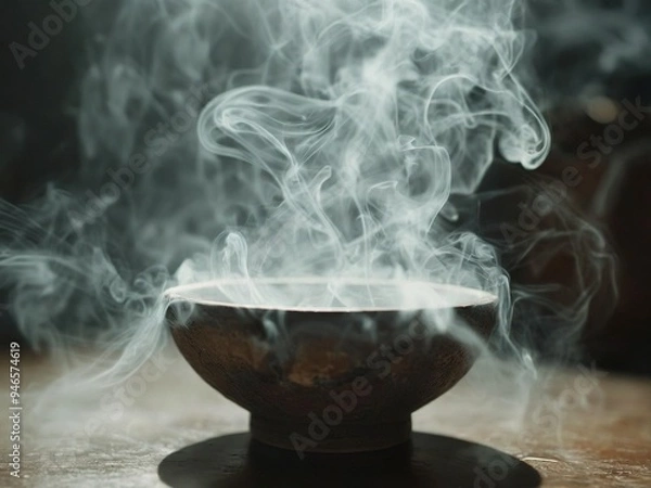 Fototapeta A wooden bowl with smoke rising from it on a wooden surface, creating an ethereal and mystical atmosphere.