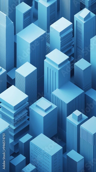Fototapeta Abstract cityscape of simple geometric shapes. Monochromatic design in shades of blue. Vertical wallpaper