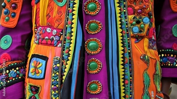 Fototapeta A vibrant, intricately designed garment showcasing colorful embroidery and decorative elements.