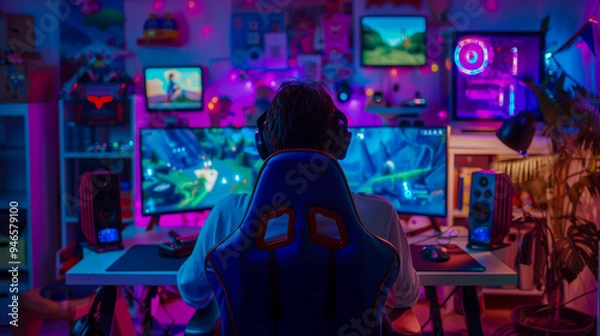 Obraz Gamer in a Neon-Lit Room Playing on a Multi-Screen Setup. gamer immersed in a neon-lit room with multi-screen setup, representing modern gaming experience, technology, and the vibrant gaming culture.