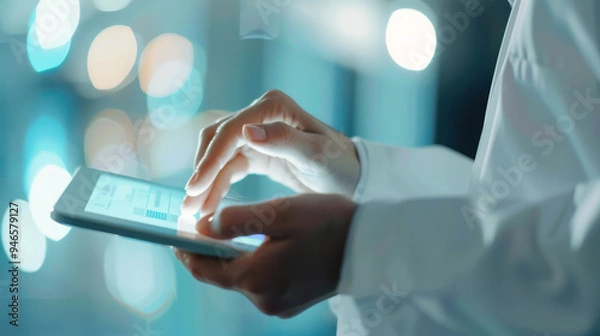 Fototapeta Hands Using a Tablet with Digital Interface. Close-up of hands operating tablet device with digital interface, representing modern technology, touch interface, mobile computing in professional setting