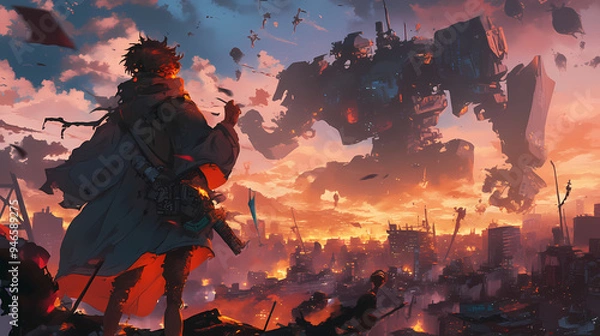 Fototapeta Epic War Between Human and Machine Robot in Futuristic Battle