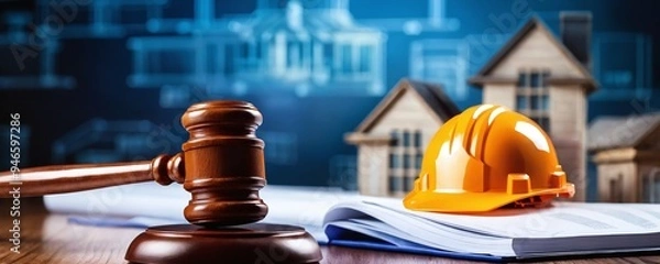 Fototapeta Construction law concept with gavel, blueprint, and safety helmet on desk during business hours