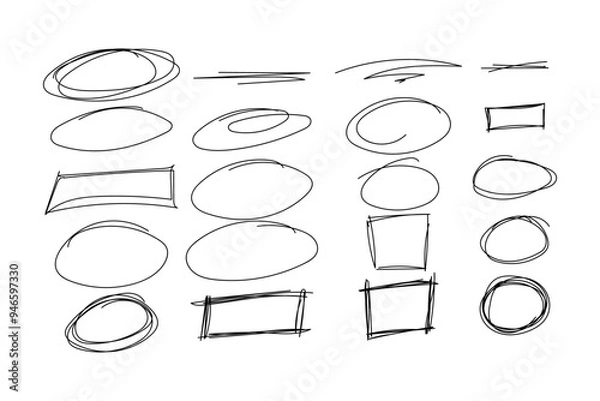Fototapeta Ensemble de cercles dessinés à la main. Ovales et rectangles gribouillés, imitation rature au crayon