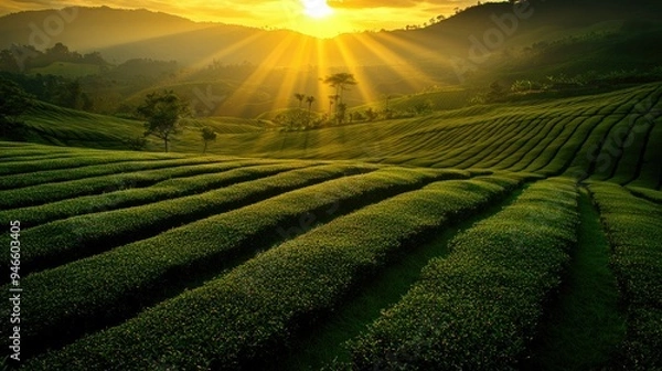 Fototapeta Sunset over a tea plantation, with the golden light casting long shadows across the lush green fields. A peaceful and beautiful end to the day.