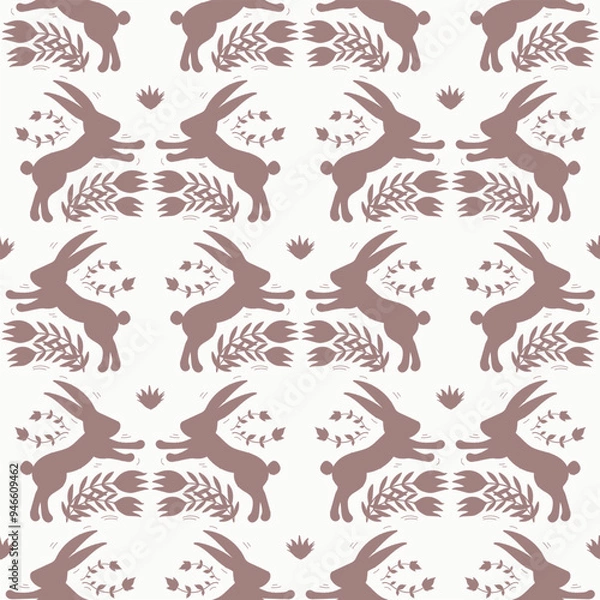 Fototapeta Vintage rabbit pattern in muted dusty pink on an off-white background. Symmetrical animal silhouette and floral motifs design in a folk art style. Festive vibe is great for Easter and Christmas.