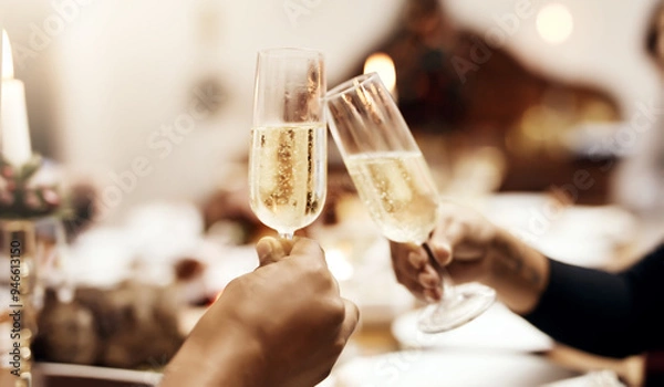 Obraz Hands, cheers and glass of champagne for celebration, congratulations and luxury dinner in restaurant. People, toast and sparkling wine for achievement, Christmas and event with solidarity at night
