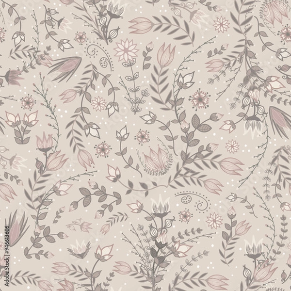 Fototapeta Graceful and delicate fairy-core floral pattern on neutral cream. Whimsical Scandinavian design in pastel pink and green harmonious colors. Elegant hand-drawn composition in a cute fantasy style.