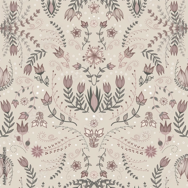 Fototapeta Elegant Scandinavian folk art floral pattern on antique beige with muted pastel pink and light green. Detailed, whimsical botanical illustration with symmetrical flower motifs. Dreamy and sophisticate
