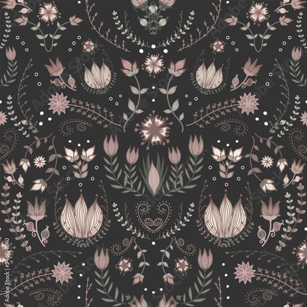 Fototapeta Gothic cottage-core floral pattern in blush pink on black. Elegant, detailed botanical design with whimsical Scandinavian folk art and sophisticated feel. Fairy-core hand-drawn symmetrical pattern.