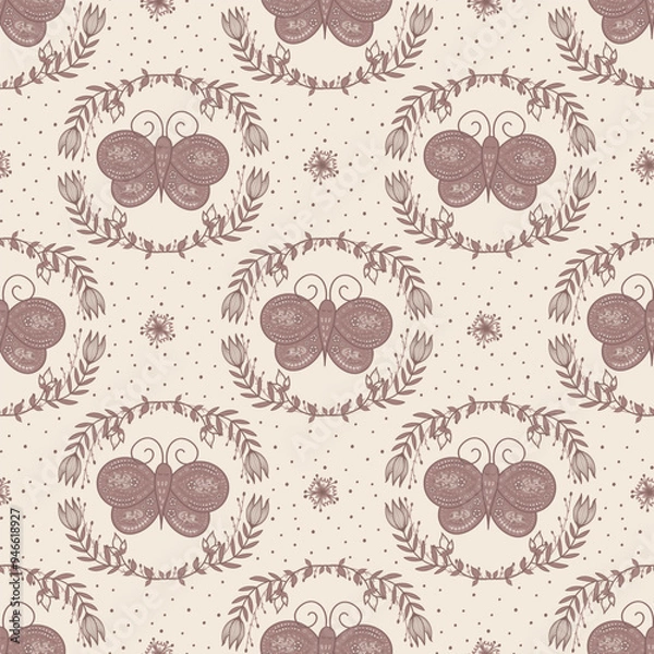 Fototapeta Beige and muted pink folk pattern with butterflies and flower wreaths. Vintage countryside and boho vibe design. Cute, and simple symmetrical cottage-core pattern. Fine line work is elegant yet rustic