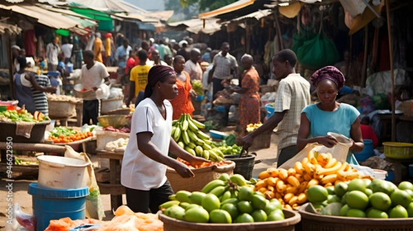 Obraz Vibrant and bustling daily life snapshot of a Fruits and Vegetable market in Ghana