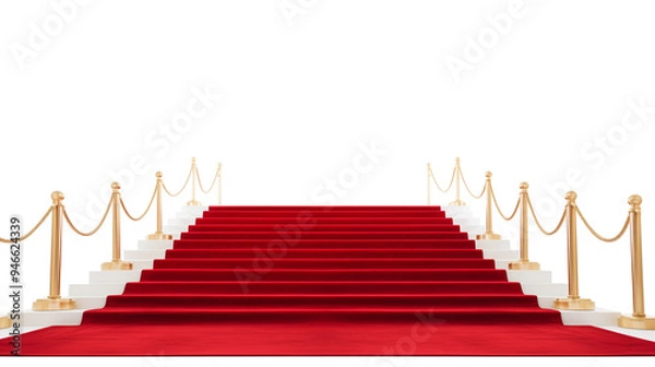Fototapeta Red carpet steps and gold handrails separate from background png