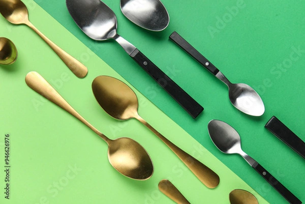Fototapeta Different stylish spoons on color background