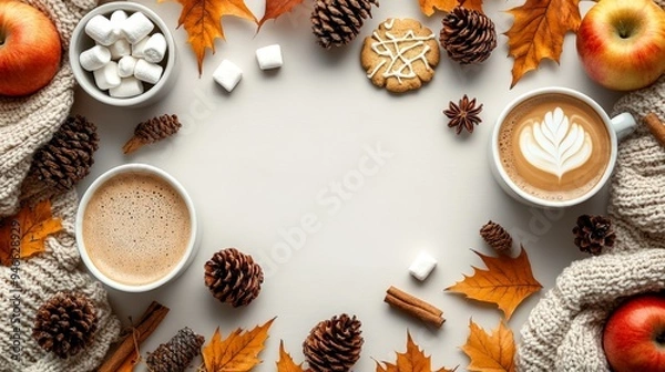 Obraz Frame of autumn vibes concept with warm cozy items, autumn leaves, coffee cups, small marshmallows, cookies, apples, pinecones and knitted blanket on flat light background