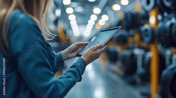 Fototapeta A focused woman using a tablet in a brightly lit, modern industry warehouse filled with machinery and shelves, highlighting technology's role in industrial management.