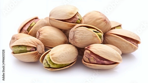 Fototapeta A pile of pistachio nuts, showcasing their shells and green kernels.