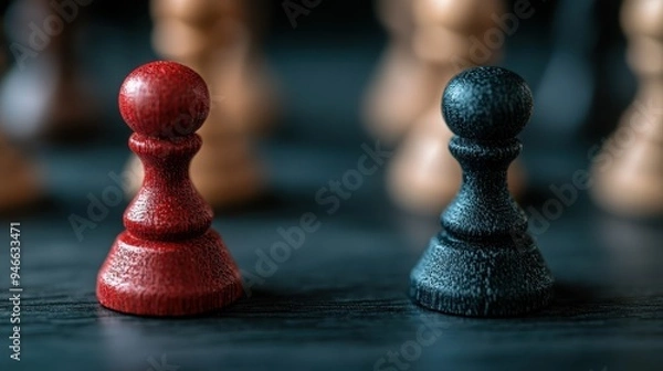 Fototapeta Red and black pawns face each other on a chessboard, representing opposition and strategic decision making on a dark textured surface, with a blurred background.
