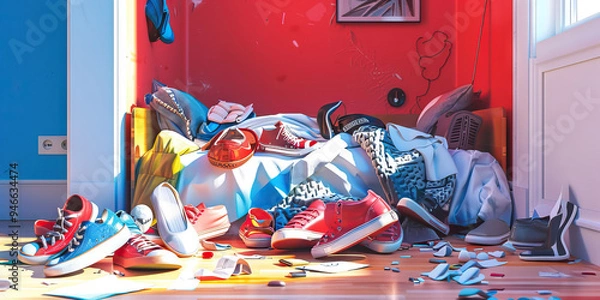 Obraz A jumble of shoes and accessories tossed carelessly on the floor, revealing glimpses of color and texture in an otherwise bland bedroom. With pops of red and blue.