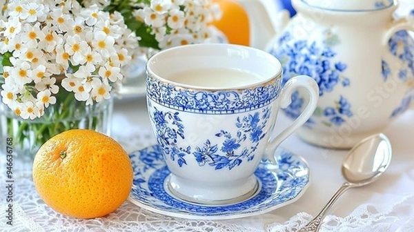 Fototapeta   A blue and white cup and saucer sits atop a white table, alongside an orange and a vase of vibrant flowers