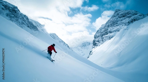 Fototapeta Freeride skier dropping into a steep couloir snow cascading down the slope sharp cliffs and rocky terrain creating an extreme adventure vibe 