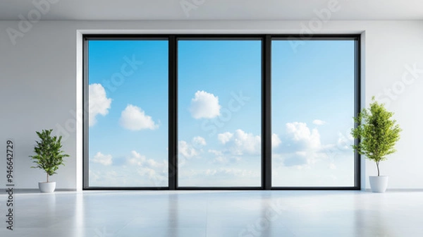 Fototapeta Modern PVC window with triple-glazed glass reflecting a blue sky smart ventilation system and weather-resistant technology energy efficiency at its finest 