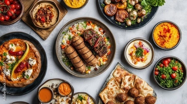 Fototapeta An array of traditional Arabic dishes beautifully presented, featuring colorful salads, rich stews, and flavorful breads, perfect for sharing