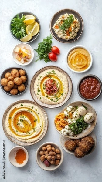 Fototapeta A vibrant array of Arabic cuisine showcases hummus with garnishes, fresh vegetables, olives, and falafel served on rustic plates