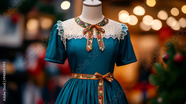 Fototapeta Traditional Bavarian dirndl displayed on a mannequin lace blouse tied apron vibrant colors Oktoberfest decorations and lights enhancing the festive mood in the background 