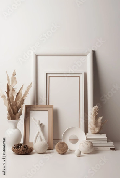 Fototapeta generated illustration of vase and  white frame mockup on wooden bench