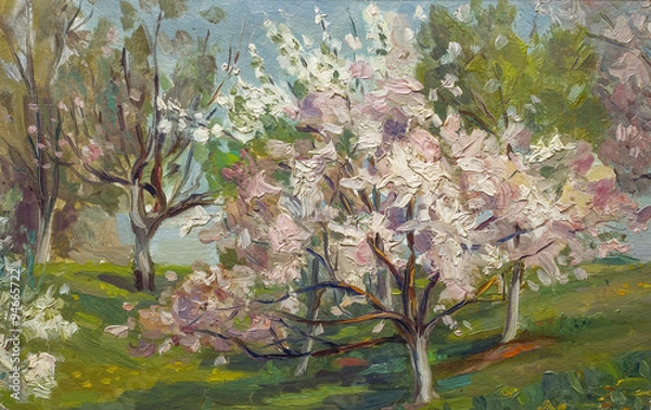 Obraz Beautiful Original Oil Painting of flowering tree in the summer garden  Landscape On Canvas
