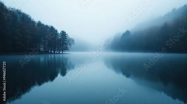 Fototapeta Drifting fog over a still lake at dawn, foggy weather, calm and ethereal.