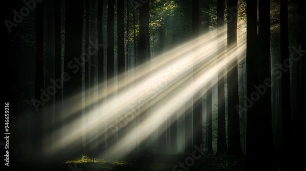 Obraz Glowing light beams breaking through a dense fog in a dark forest, mysterious and captivating, forest glowtime, eerie and enchanting