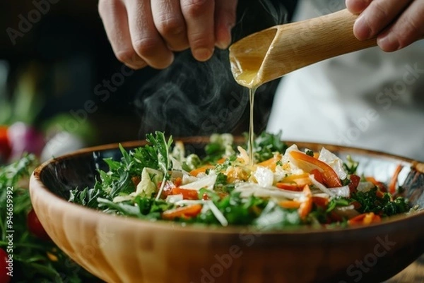 Fototapeta A chef's hand pours a fragrant dressing onto a vibrant salad bowl filled with fresh greens, colorful vegetables, and herbs, representing a healthy and flavorful meal.