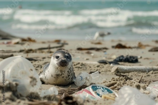 Fototapeta Seal pup on a polluted beach surrounded by plastic waste and debris, near the ocean waves. Environmental pollution and wildlife conservation concept. Close-up shot. Generative AI