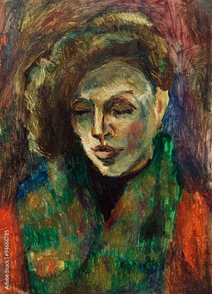 Obraz Beautiful Original Oil Painting of portrait of a woman wearing a scarf in orange and green colors  On Canvas