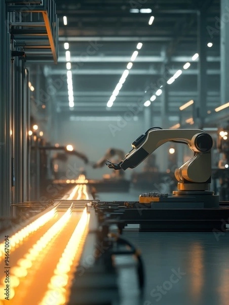 Fototapeta A modern industrial production line featuring robotic arms working in a factory setting, showcasing automation and advanced technology. The image symbolizes efficiency, precision, innovation, future o