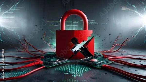 Obraz cyberattack. Cybersecurity, internet cyberattack warning, compromised system, red-broken padlock.