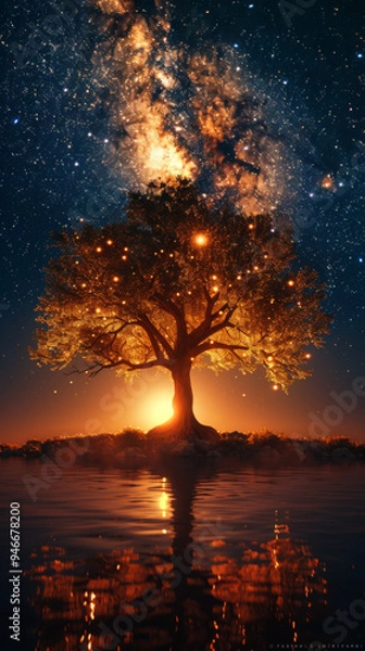 Obraz Silhouette of Tree with natural landscape and Milky Way galaxy