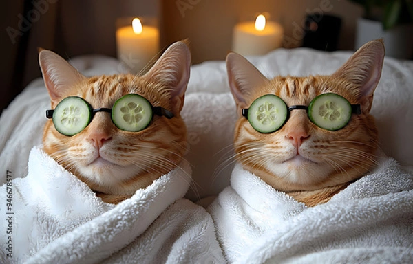 Fototapeta Cats resting on a bed with cucumbers on their eyes