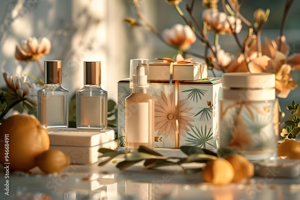Fototapeta Elegant arrangement of cosmetic products with floral accents in soft lighting. Generative by AI